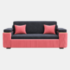 Rex sofa cum bed featuring pink channel-tufted upholstery, charcoal-grey seating, two matching quilted cushions, and padded armrests.