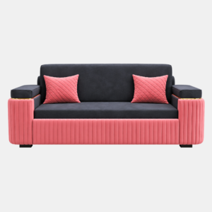 Rex sofa cum bed featuring pink channel-tufted upholstery, charcoal-grey seating, two matching quilted cushions, and padded armrests.