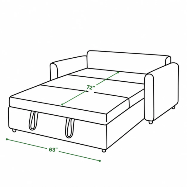 Technical drawing of the Rube Sofa Cum Bed in bed position, showing a 72-inch sleeping length and a 63-inch front width.