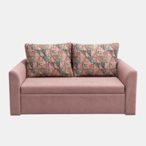 Rube sofa cum bed featuring blush-pink upholstery, rounded armrests, and two geometric-print cushions against a light background.