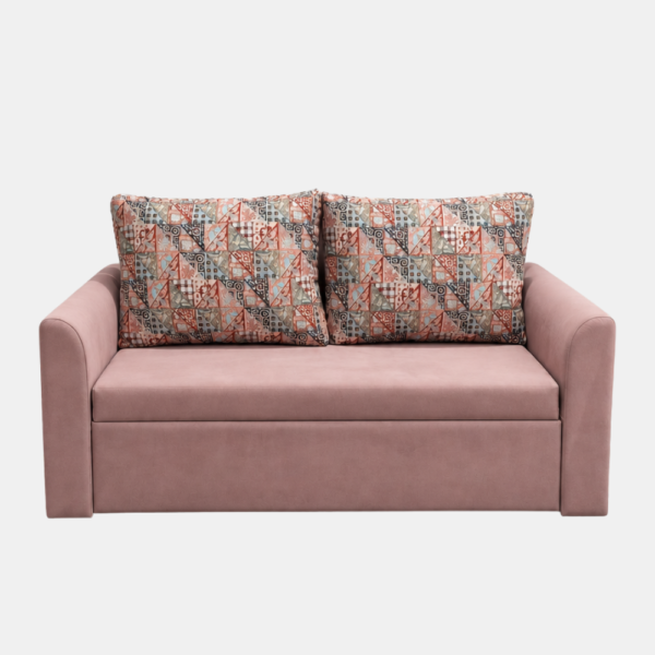 Rube sofa cum bed featuring blush-pink upholstery, rounded armrests, and two geometric-print cushions against a light background.