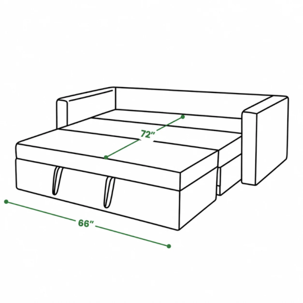 Kyro Sofa Cum Bed extended configuration with dimension markings showing a 72-inch sleeping length and 66-inch width
