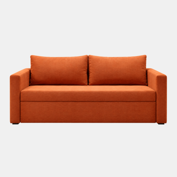 Kyro Sofa Cum Bed in rust-orange upholstery with two back cushions and box-style armrests