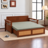 Arix Sofa Cum Bed opened into a sleeping surface with sage-green upholstery and a walnut-brown wooden frame