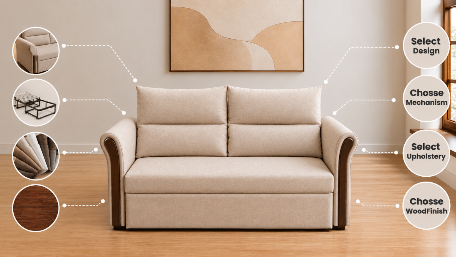 Customisable Sofa Cum Bed with fabric, wood finish and mechanism options at Relax Sofa Cum Bed, Kirti Nagar, Delhi