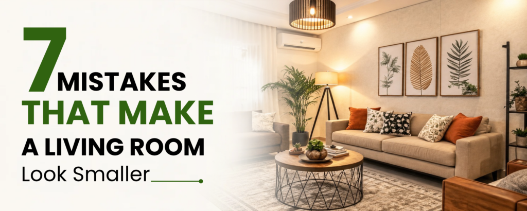7 mistakes that make a living room look smaller – living room design tips with a beige sofa and modern interior decor.