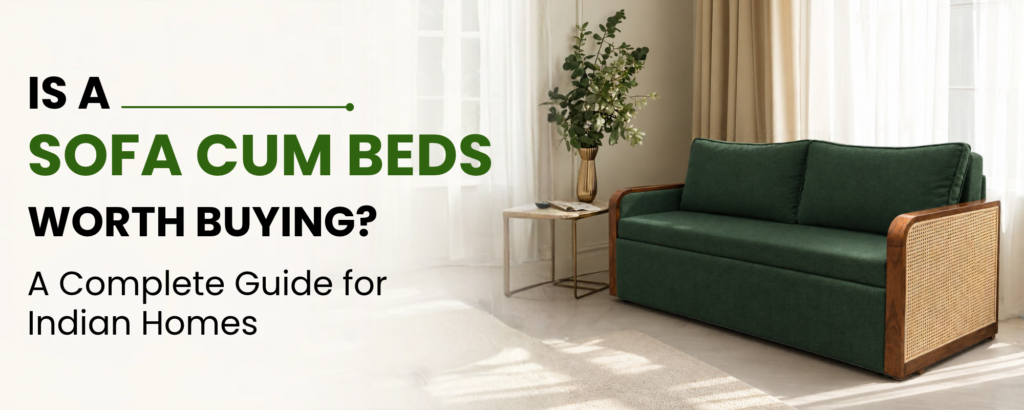 Sofa cum bed buying guide for Indian homes featuring a dark green sofa with wooden and cane armrests.