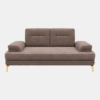 Front view of the Faye Sofa Cum Bed featuring taupe upholstery, rounded armrests, and gold-finish legs against a white background.