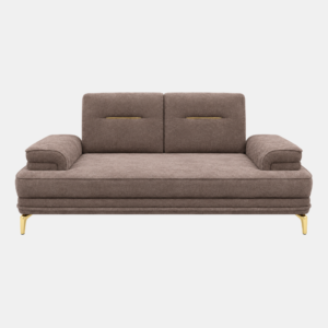 Front view of the Faye Sofa Cum Bed featuring taupe upholstery, rounded armrests, and gold-finish legs against a white background.