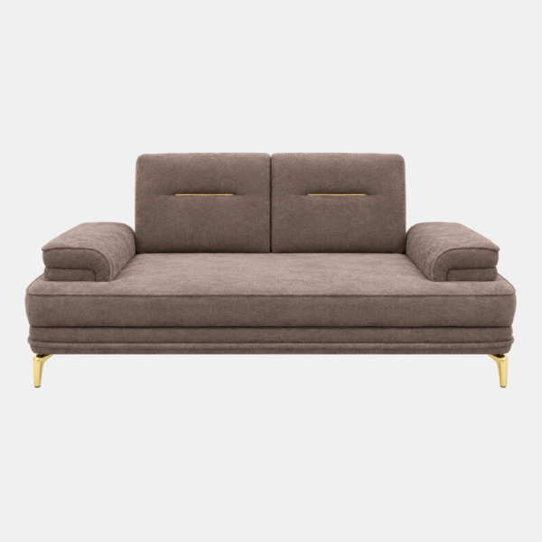 Front view of the Faye Sofa Cum Bed featuring taupe upholstery, rounded armrests, and gold-finish legs against a white background.