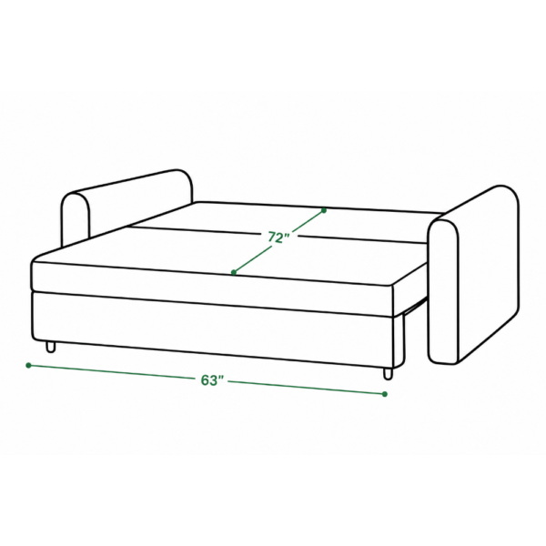 Ridge sofa cum bed in unfolded position with a 63-inch width and 72-inch sleeping surface length.