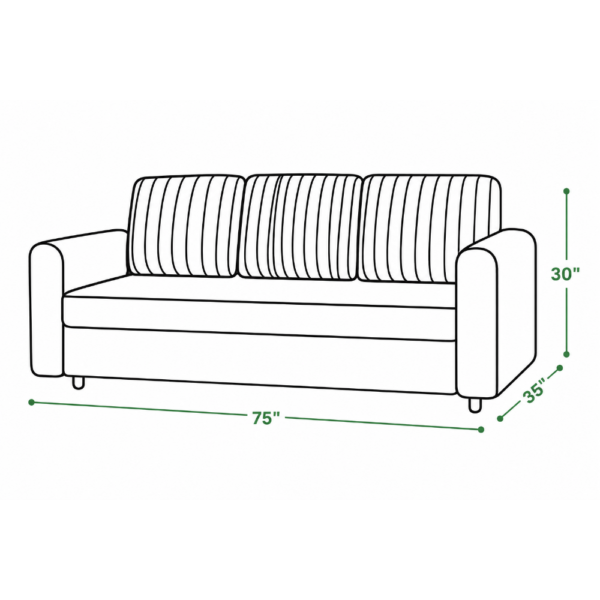 Ridge mustard sofa cum bed dimension drawing showing 75-inch width, 35-inch depth, and 30-inch height.