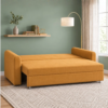 Ridge mustard-yellow sofa cum bed unfolded into a bed with an extended sleeping surface and upholstered side armrests.