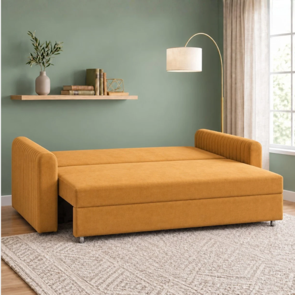Ridge mustard-yellow sofa cum bed unfolded into a bed with an extended sleeping surface and upholstered side armrests.
