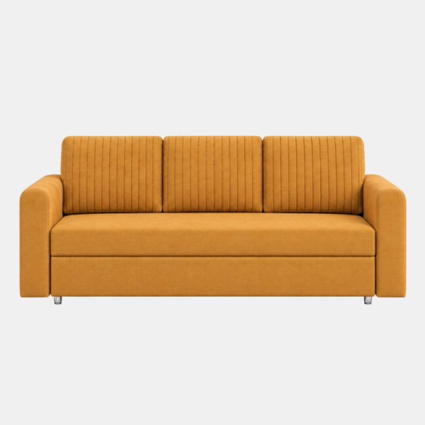 Ridge mustard-yellow 3-seater sofa cum bed with vertically channelled back cushions and modern armrests.