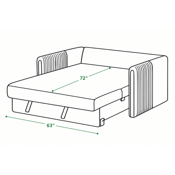 Milo sofa cum bed in unfolded position with a 63-inch width and 72-inch sleeping surface length.