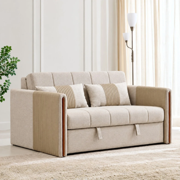 Milo beige sofa cum bed styled in a bright modern living room with ribbed armrests and wooden accents.
