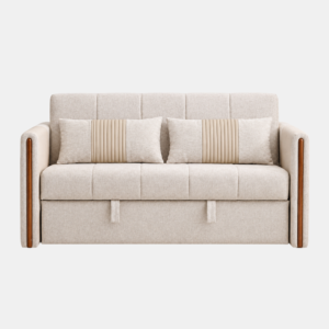 Milo beige sofa cum bed with ribbed cushions, plush seating, and warm wooden accents on the armrests.