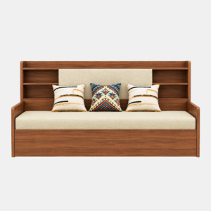 Willow wooden diwan cum bed with cream upholstered seat and decorative cushions