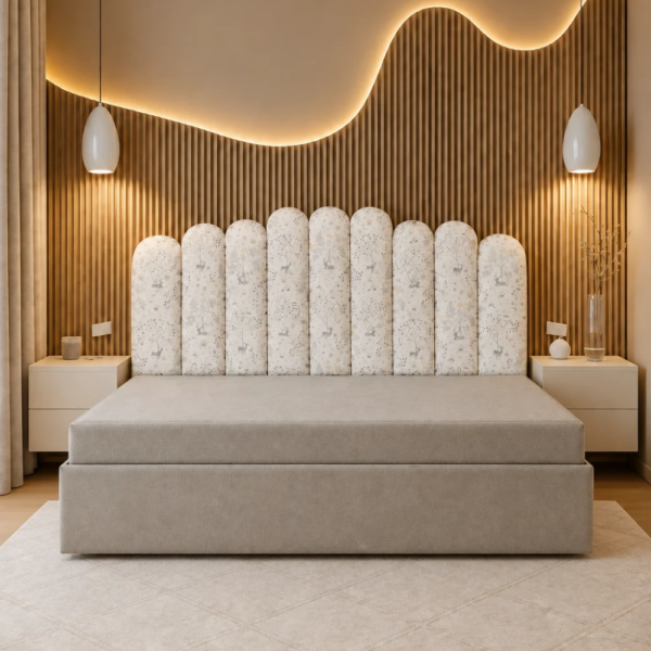 Toby Diwan Cum Bed with beige upholstery in a modern bedroom with warm lighting