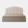 Toby Diwan Cum Bed with beige upholstery and arched printed headboard