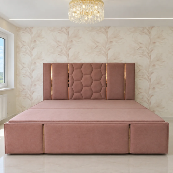 Wide view of Dan Diwan Cum Bed with padded hexagonal headboard and gold detailing