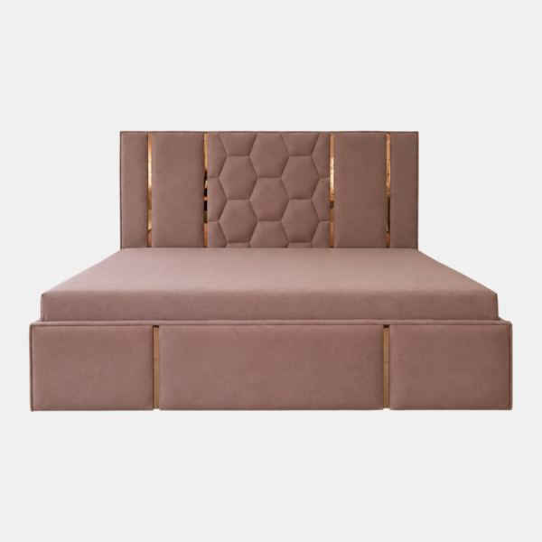 Dan Diwan Cum Bed in dusty rose upholstery with hexagonal headboard and gold accents