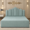 Daisy Diwan Cum Bed with extended sleeping surface and scalloped blue-green upholstered headboard
