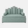 Daisy Diwan Cum Bed in blue-green upholstery with scalloped headboard and round bolster arms