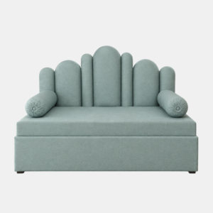Daisy Diwan Cum Bed in blue-green upholstery with scalloped headboard and round bolster arms