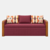 Wren Sofa Cum Bed in maroon upholstery with wooden armrests and multicoloured patterned cushions