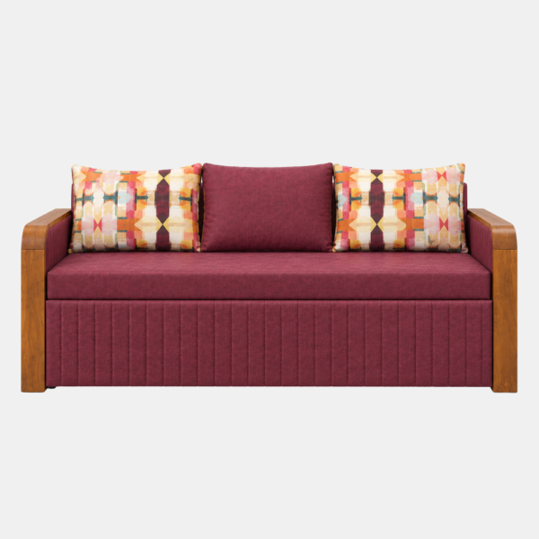 Wren Sofa Cum Bed in maroon upholstery with wooden armrests and multicoloured patterned cushions