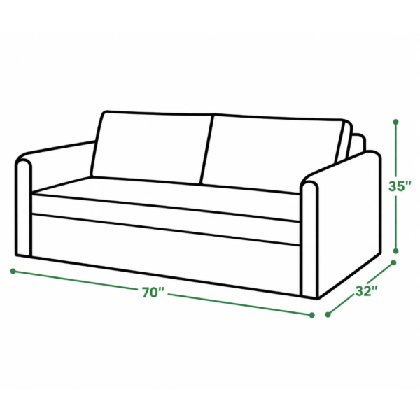 Ellis Sofa Cum Bed dimension drawing showing 70-inch width, 32-inch depth, and 35-inch height.