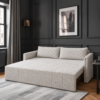 Ellis beige patterned sofa cum bed extended into a bed with a spacious sleeping surface.