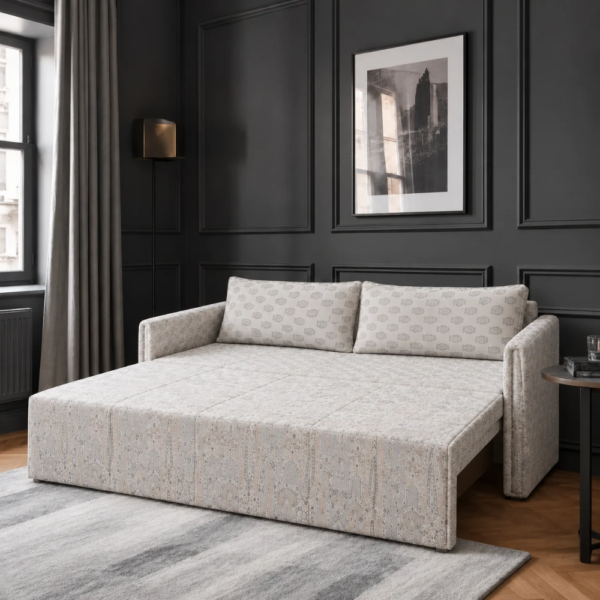 Ellis beige patterned sofa cum bed extended into a bed with a spacious sleeping surface.