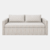 Ellis sofa cum bed in beige patterned upholstery with two back cushions and compact armrests.