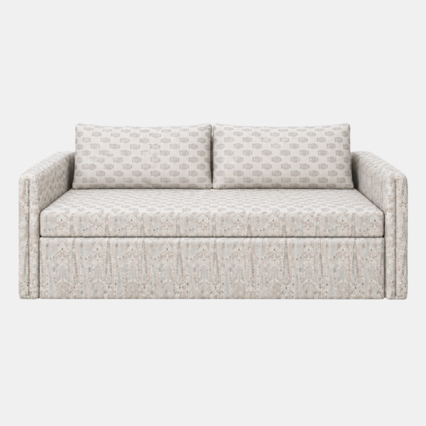 Ellis sofa cum bed in beige patterned upholstery with two back cushions and compact armrests.