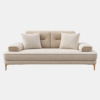 Amber cream sofa cum bed with plush cushions, padded armrests, and golden legs