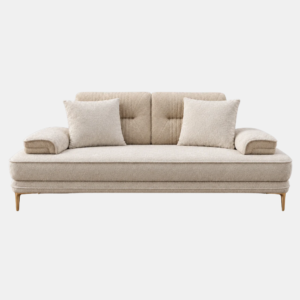 Amber cream sofa cum bed with plush cushions, padded armrests, and golden legs