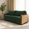 Grov green sofa cum bed with wooden frames and cane side panels in a modern living room