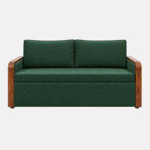 Grov sofa cum bed in forest green upholstery with wooden armrests