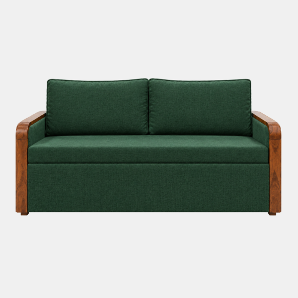 Grov sofa cum bed in forest green upholstery with wooden armrests