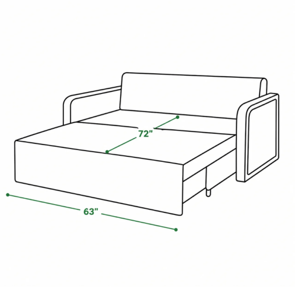 Grov sofa cum bed sleeping dimensions showing 63-inch width and 72-inch extended depth