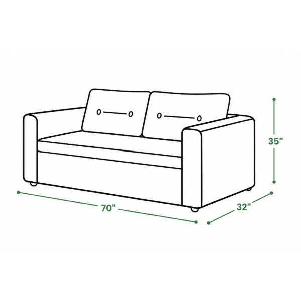 Felix sofa cum bed dimension diagram showing 70-inch width, 32-inch depth, and 35-inch height