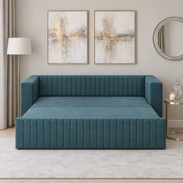 Felix teal blue sofa cum bed extended into a bed with a matching upholstered sleeping surface