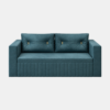 Felix sofa cum bed in teal blue upholstery with vertical channel detailing and gold-accented back cushions