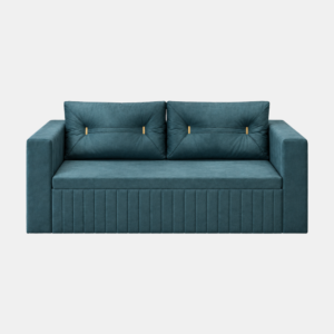 Felix sofa cum bed in teal blue upholstery with vertical channel detailing and gold-accented back cushions