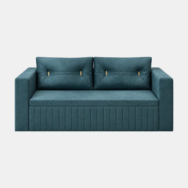 Felix sofa cum bed in teal blue upholstery with vertical channel detailing and gold-accented back cushions