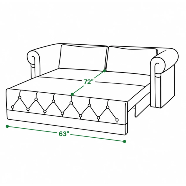 Baxter sofa cum bed in extended position with a 63-inch width and 72-inch sleeping length.