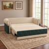 Baxter sofa cum bed converted into a bed with cream sleeping cushions and a forest green tufted front panel.